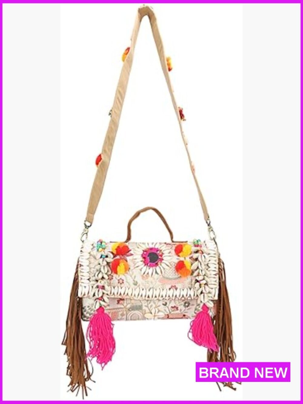 Bohemian Floral Embroidered Clutch Crossbody Bag with Fringe Tassels